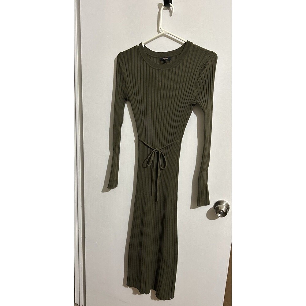 Quince Classy Olive Ribbed Knit Crew Neck Long Sleeve Midi Dress Size S - Picture 2 of 7